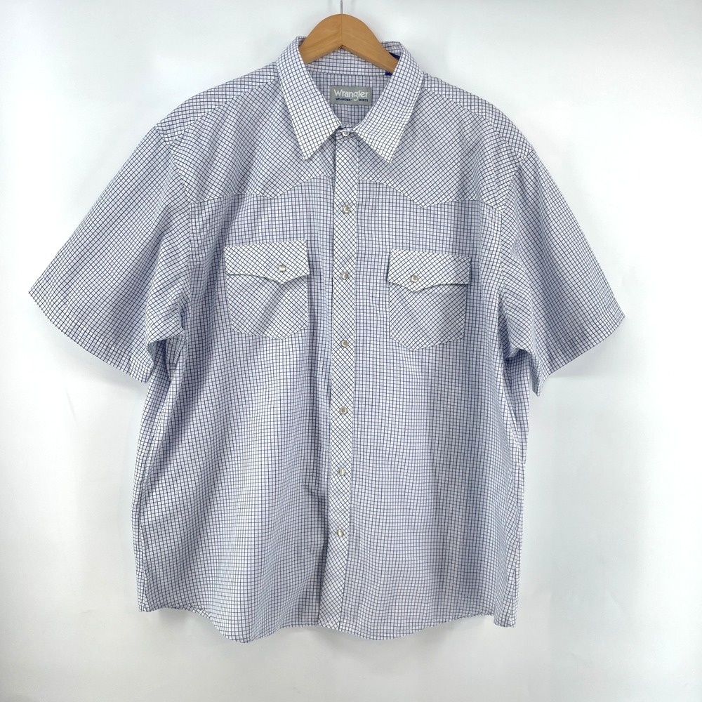 Vintage Wrangler Wrancher Shirt Mens 2XL Blue White Check Pearl Snaps Cowboycore